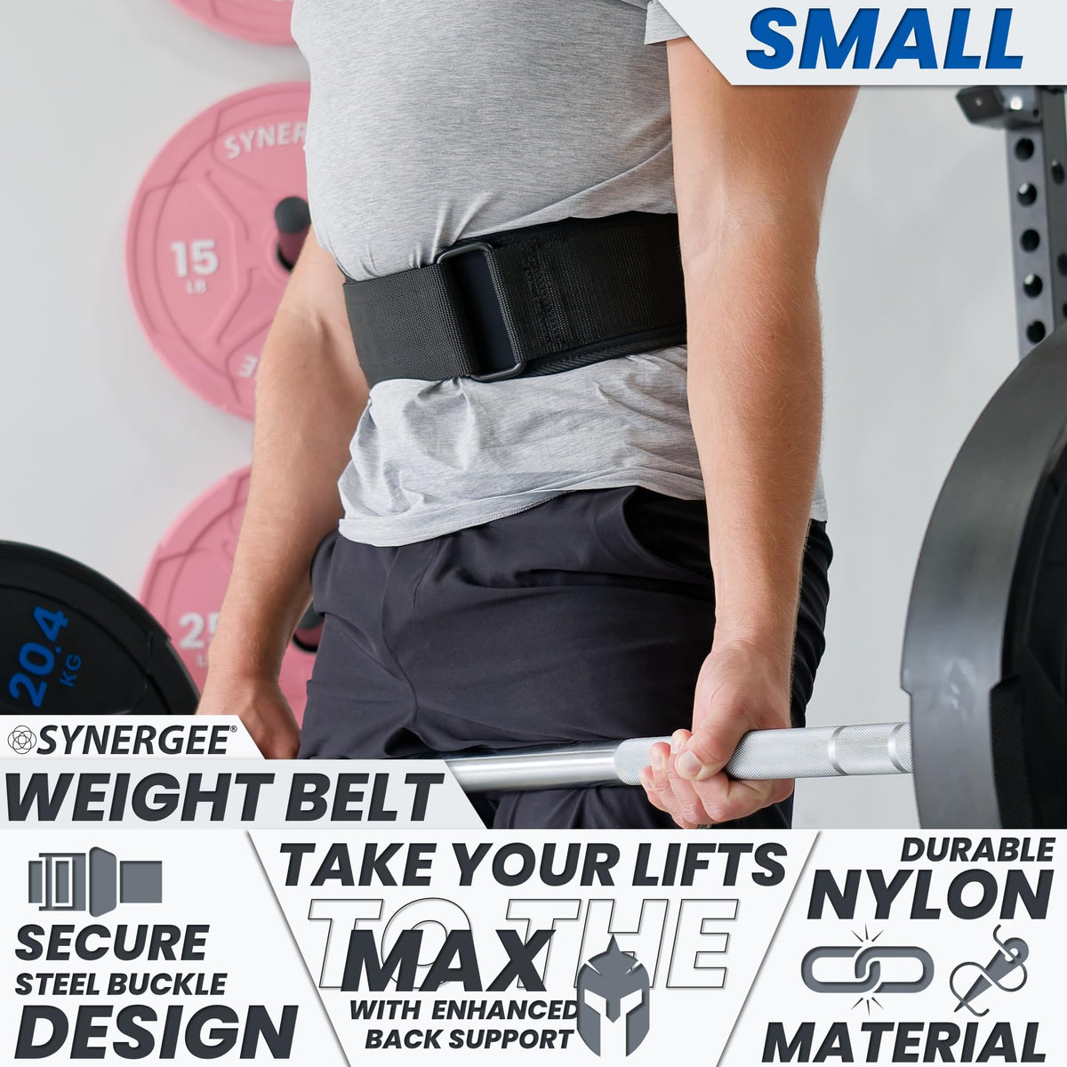 Synergee Weightlifting Belt 5” Padded Support for Squats Deadlifts Powerlifting & Cross Training - Small