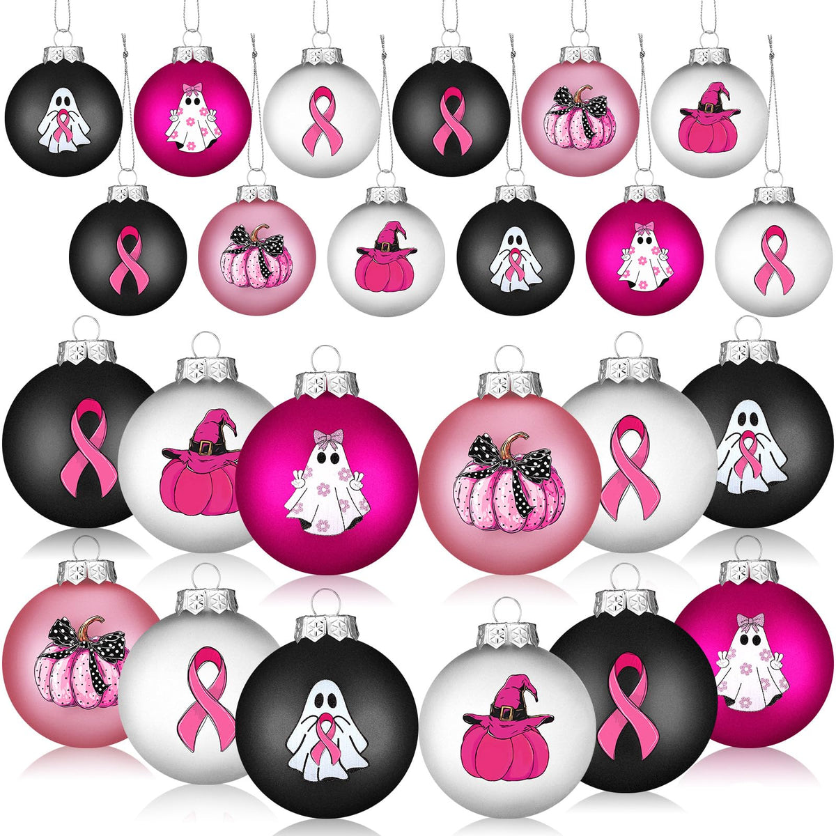 Arrowbash 12 Pcs Breast Cancer Halloween Ornaments 2.4 Inch Pink Ghost Ribbon Ball Decoration October Pink Pumpkin Bulb Ornaments Breast Cancer Awareness Halloween Decoration for Tree Home Party Decor
