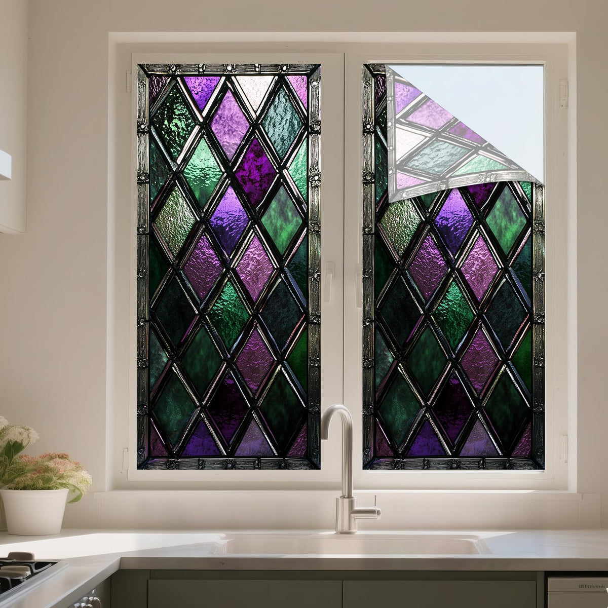 IVN Privacy Window Film Stained Glass Window Cling Purple Green Diamond Pattern Decorative Static Cling Window Sticker for Bathroom Kitchen Entry Door 17.7 x 39.3 Inch
