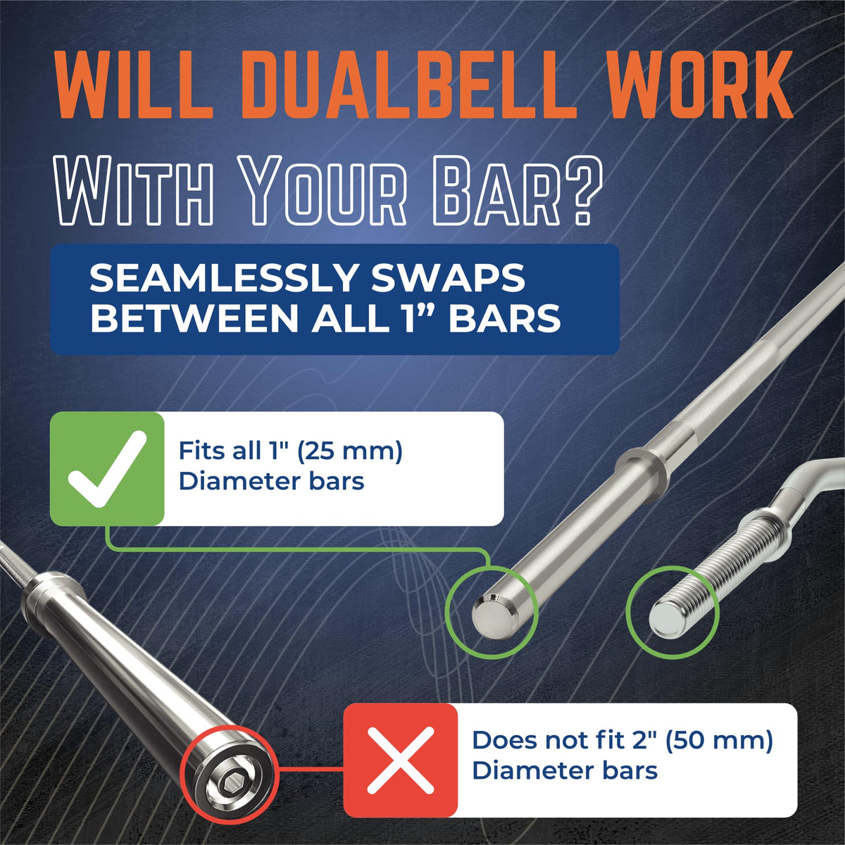 DUALBELL Superset Black w/black weight collars- for 1"bar Dumbbell to Barbell Adapters - Connect dumbbells to a 1" standard diameter bar to use in place of weight plates- 500lbs max capacity