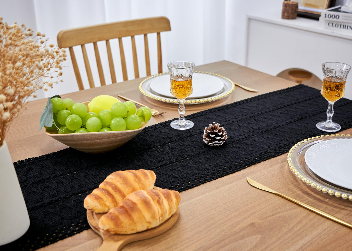 FEXIA Black Table Runner for Summer Home Decor with Tassels 108 Inches Long Farmhouse Rustic Black Halloween Table Runner Macrame Gothic Burlap Table Decoration for Living Room (12x108 Inches)