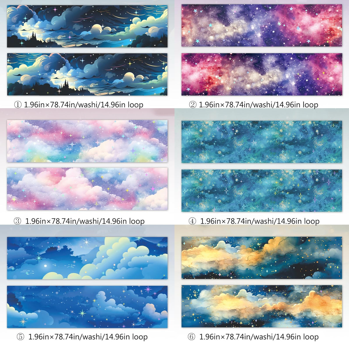Frekyar 6 Rolls of Cloud Washi Tape Stickers Sets for Junk Journal Supplies, Star Themed Journal Stickers for Scrapbooking, Journaling,Planer (Rainbow)