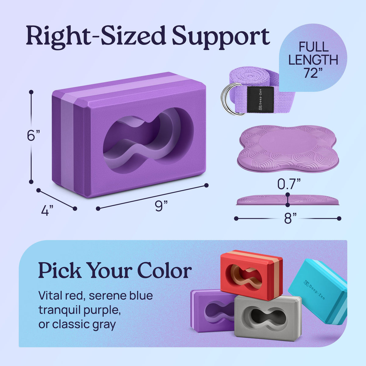 Deep-Zen® Yoga Blocks Wrist Support; Yoga Blocks 2 Pack with Knee Pads and Strap to Put Less Weight on Wrists; Durable, Versatile Yoga Brick Exercise Block Set, Blocks Yoga (Purple)