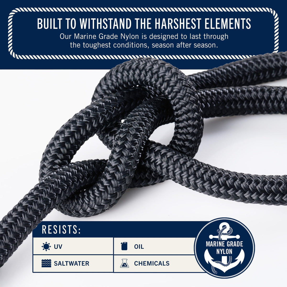 RainierSupplyCo Boat Anchor Rope - Double Braided Marine Rope Anchor Line - 300 ft x 1/2 Inch Nylon Boating Line with 316 Stainless Steel Thimble and Heavy Duty Marine Grade Bow Shackle - Black