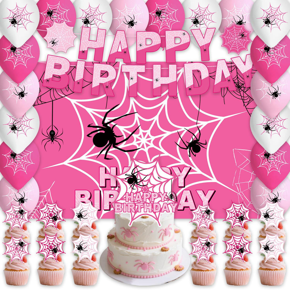 42Pack Spider Theme Party decoration pack include Banner,Cake Toppers,Balloons，Blackdrop for Spider Theme Birthdday Party Decoration