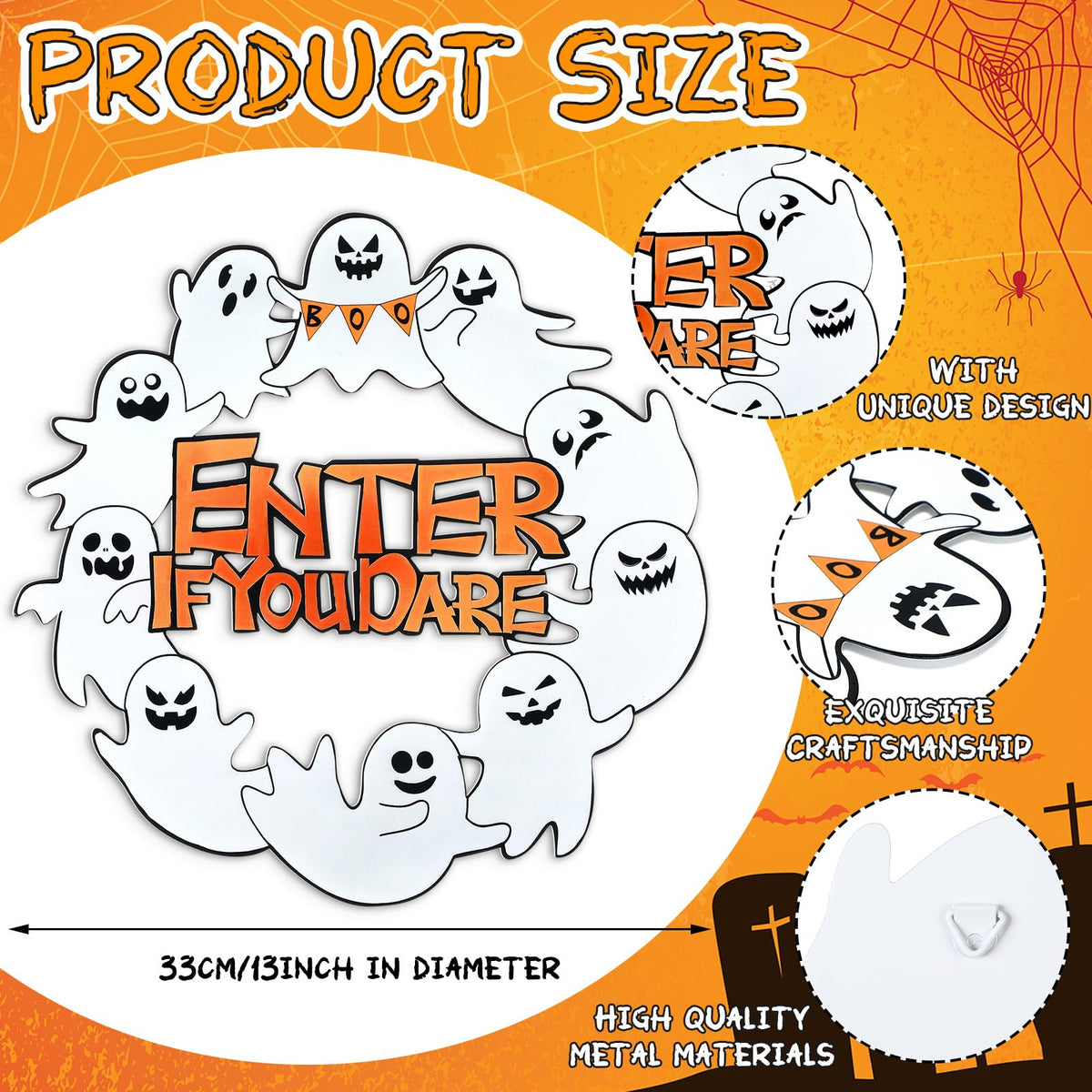 MorningRo Metal Ghost Wreaths for Front Door Halloween Hanging Wreaths Halloween Boo Enter If You Dare Hanging Welcome Sign for Porch Wall Home Outdoor, 13 Inch