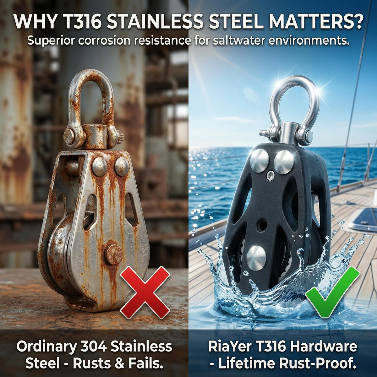 RiaYer 50mm Heavy-Duty Single Swivel Sailing Block with Ball Bearings, T316 Stainless Steel & PA66 Nylon Marine Pulley, 3100 lbs Breaking Load, High-Load Rigging Hardware (1-Pack)