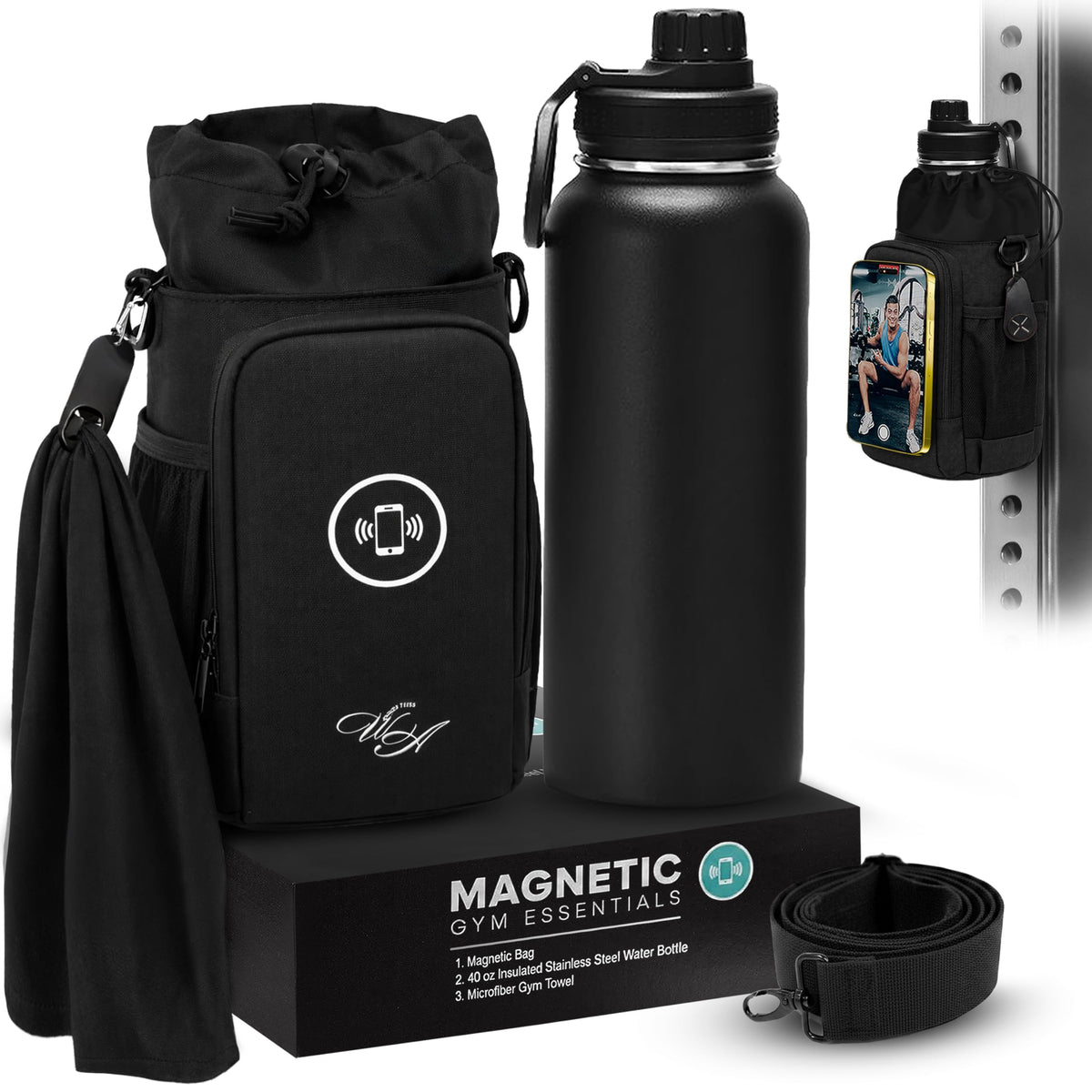 Magnetic Gym Bag & Magnetic Water Bottle Holder Set - 40oz Insulated Stainless Steel Bottle, Microfiber Towel, Cross Body Strap & Phone Holder Magnet - Gym Bag Essentials for Fitness, Work & Travel