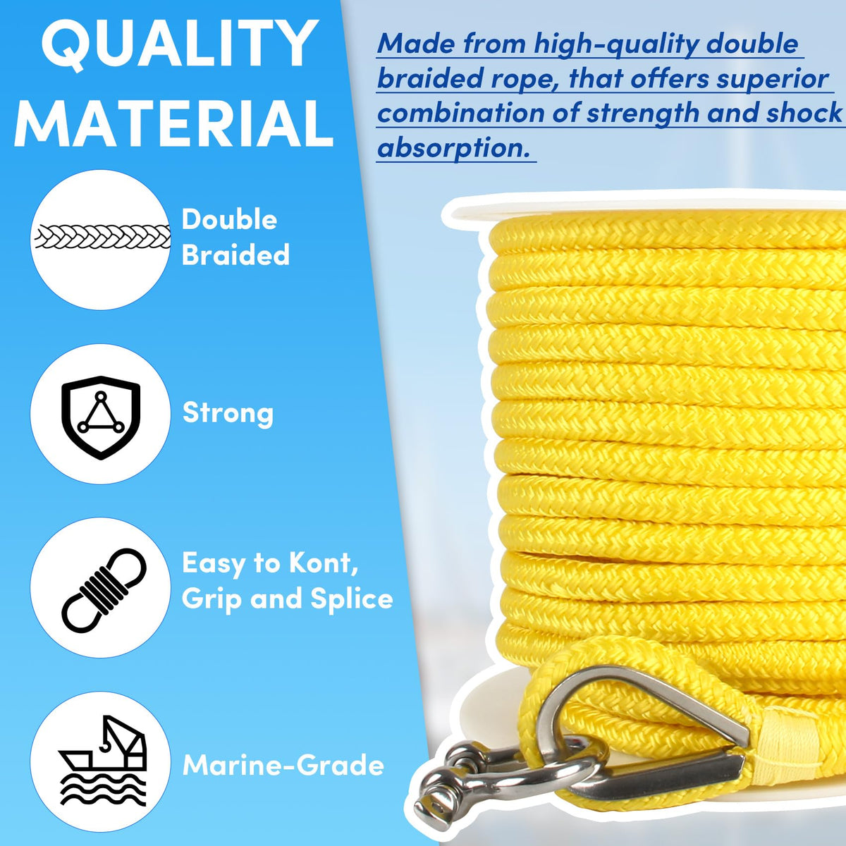 VEITHI Boat Anchor Rope 100 ft x 1/2 inch Yellow, Double Braided Anchor Line with Stainless Steel Thimble & Shackle, Marine Rope Ideal for Towing,Mooring,Decks,Anchoring,for Boats Up to 35'