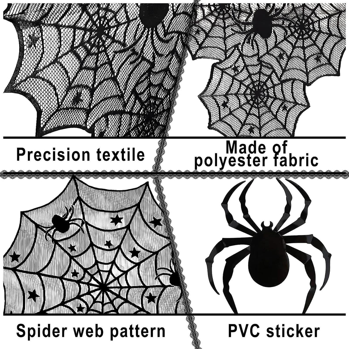 Heyigrow 15 Pcs Set Spider Web Decorations, Halloween Kit Black Lace Table Runner Cobweb Round Tablecloth Fireplace Scarf