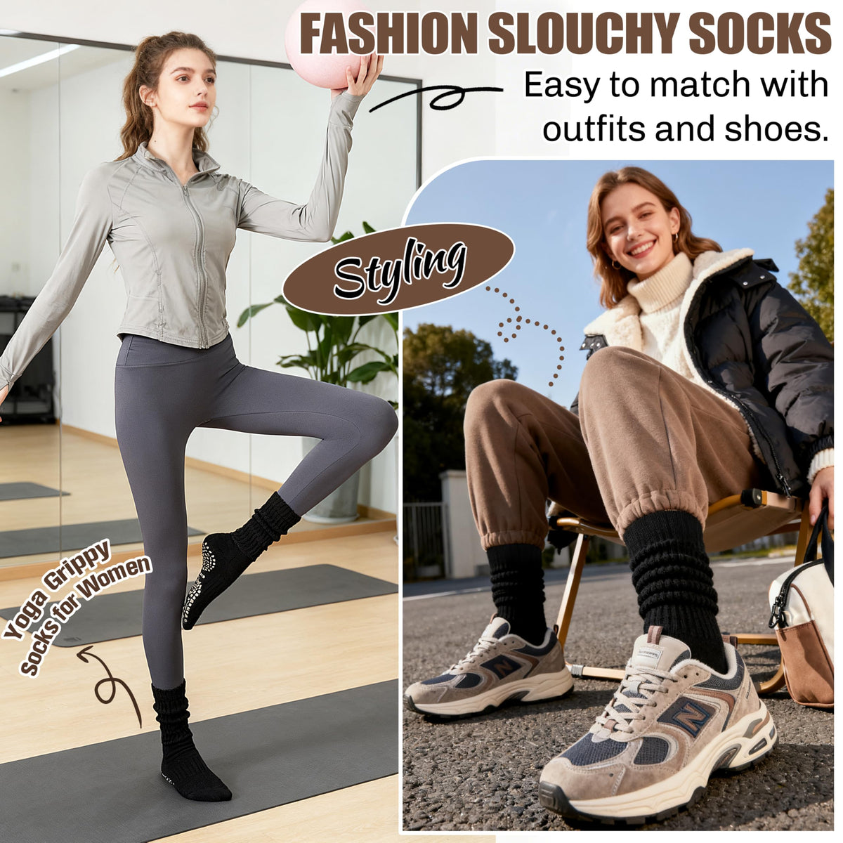 Sandsuced Pilates Grip Slouchy Yoga Socks Winter Warm Cozy Scrunch Boot Grippy Crew Slipper Socks 4 Pairs for Women Gift Stocking Stuffers(Black,M)