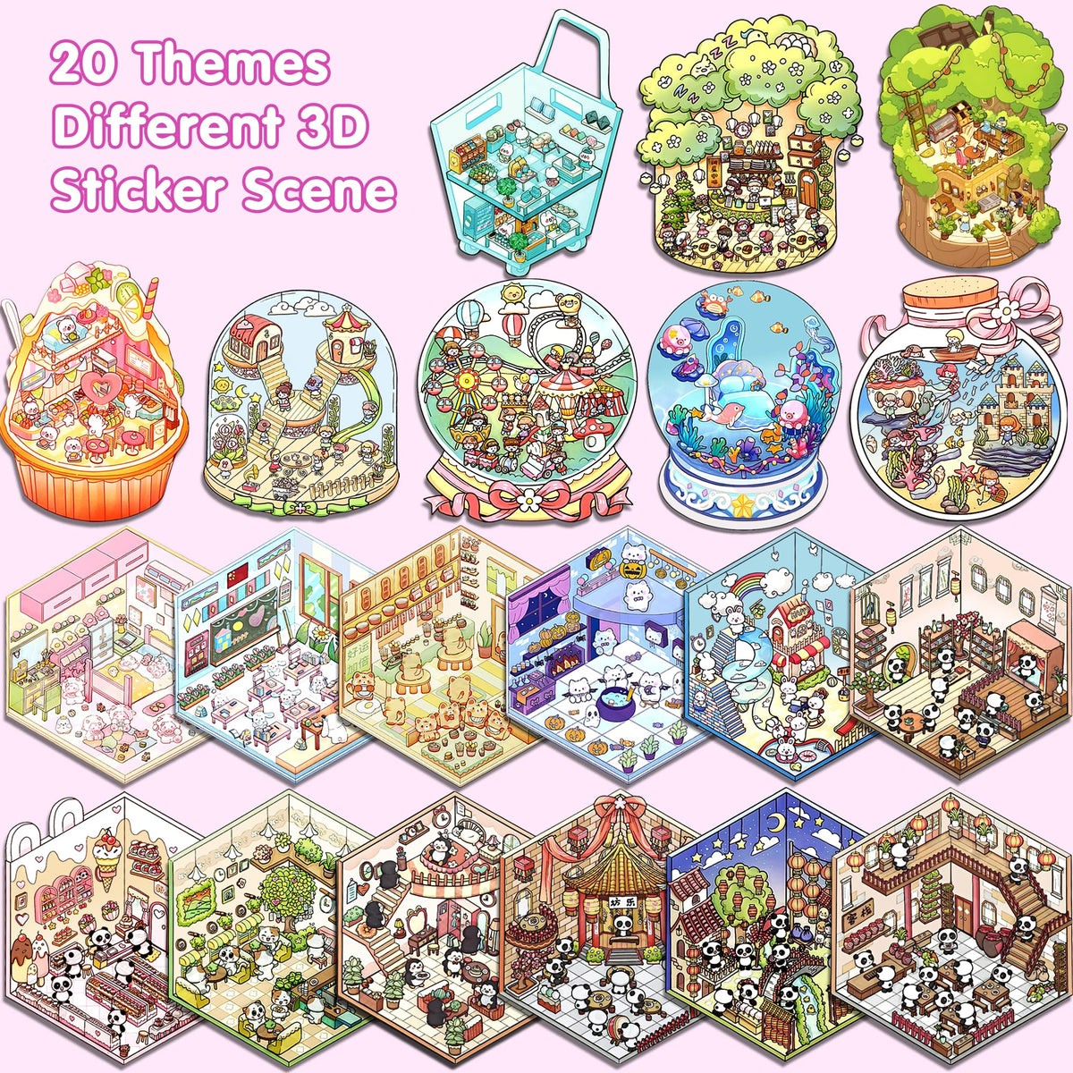 WDXIUE Scene Sticker – 20 Sets DIY 3D Sticker Scene Book Cute Cartoon Stickers Kit – Fun Sticker Therapy Activity for Stress Relief, Crafts & Gifts