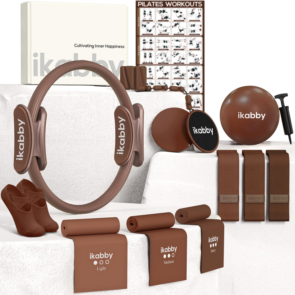 Ikabby Pilates Kit, Home Pilates Kit with Weights, Pilates Equipment for Home Workout, Pilates Essentials Kit for Women, Yoga Pilates Mat Kit for Beginners, Brown Pilates Set
