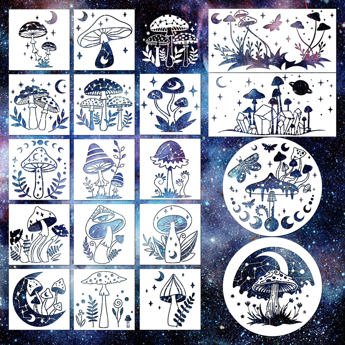 Keluna Mushroom Stencils for Painting, 18 Pcs Bohemian Art Craft, 12 Inch Large Reusable Crescent Moon Phase Drawing Template for Wood Wall Canvas Home Decor