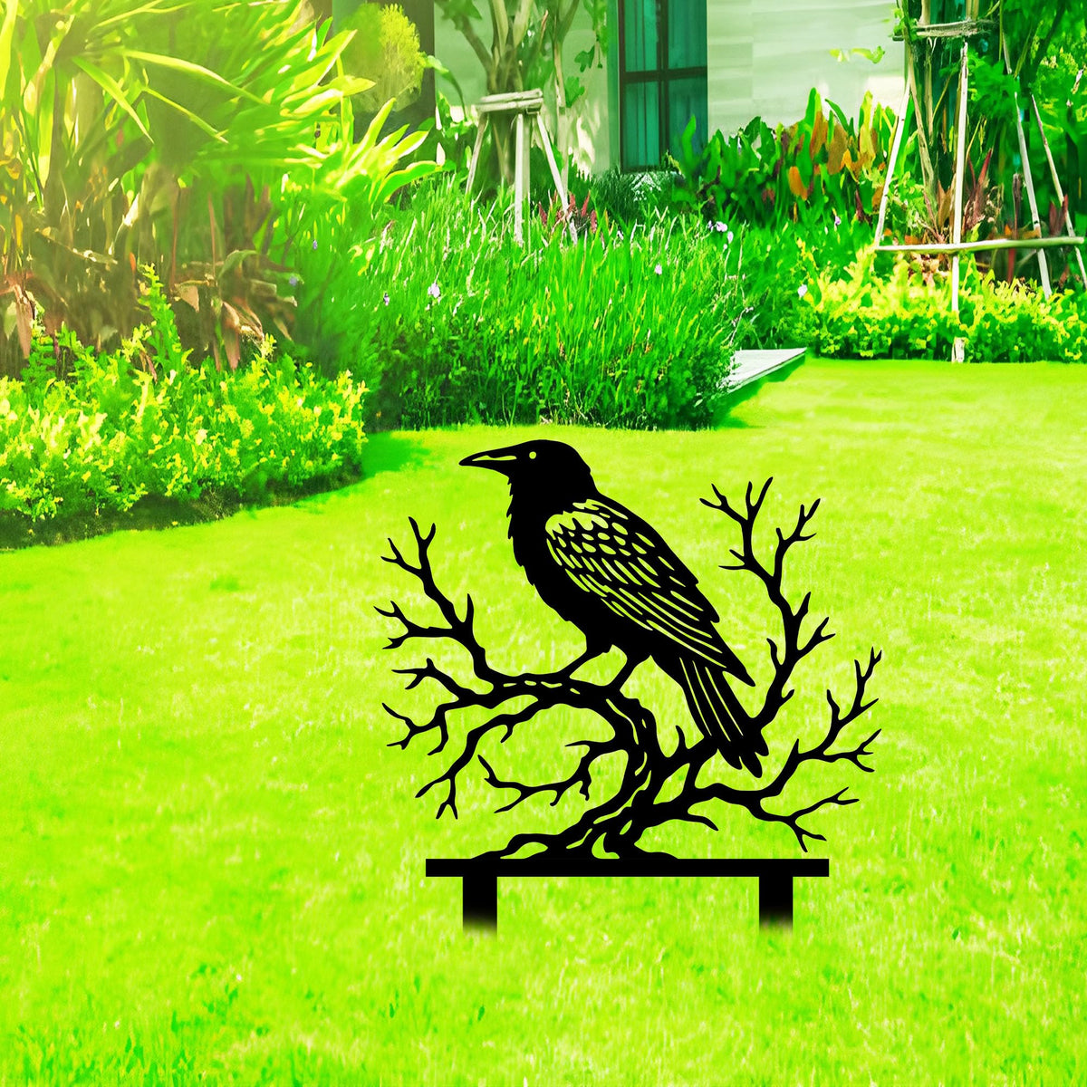 Aucizb Crow Tree Branch Metal Garden Stake Decor-Bird Silhouette Statue Yard Art for Patio,Outside,Lawn,Park,Farmhouse, Halloween Unique Gift (Black)
