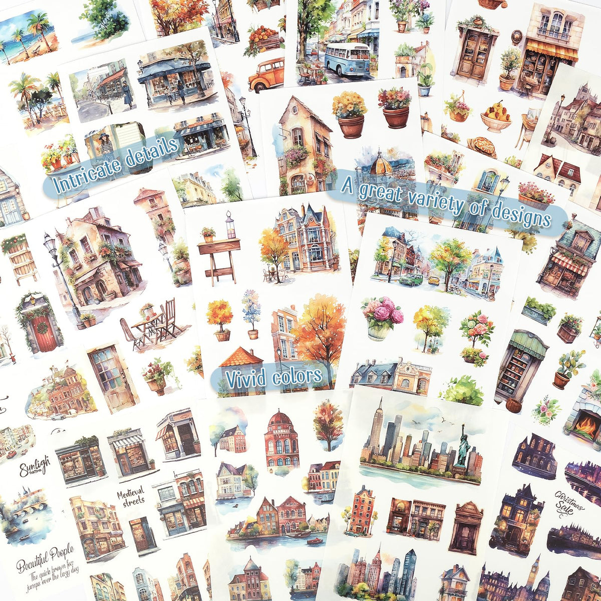 Dizdkizd Landscape and City Themed Scrapbook Journaling Stickers, 150 Die-Cut PET and Washi Paper Sticker Book for Junk Journaling, Collage, Craft Projects