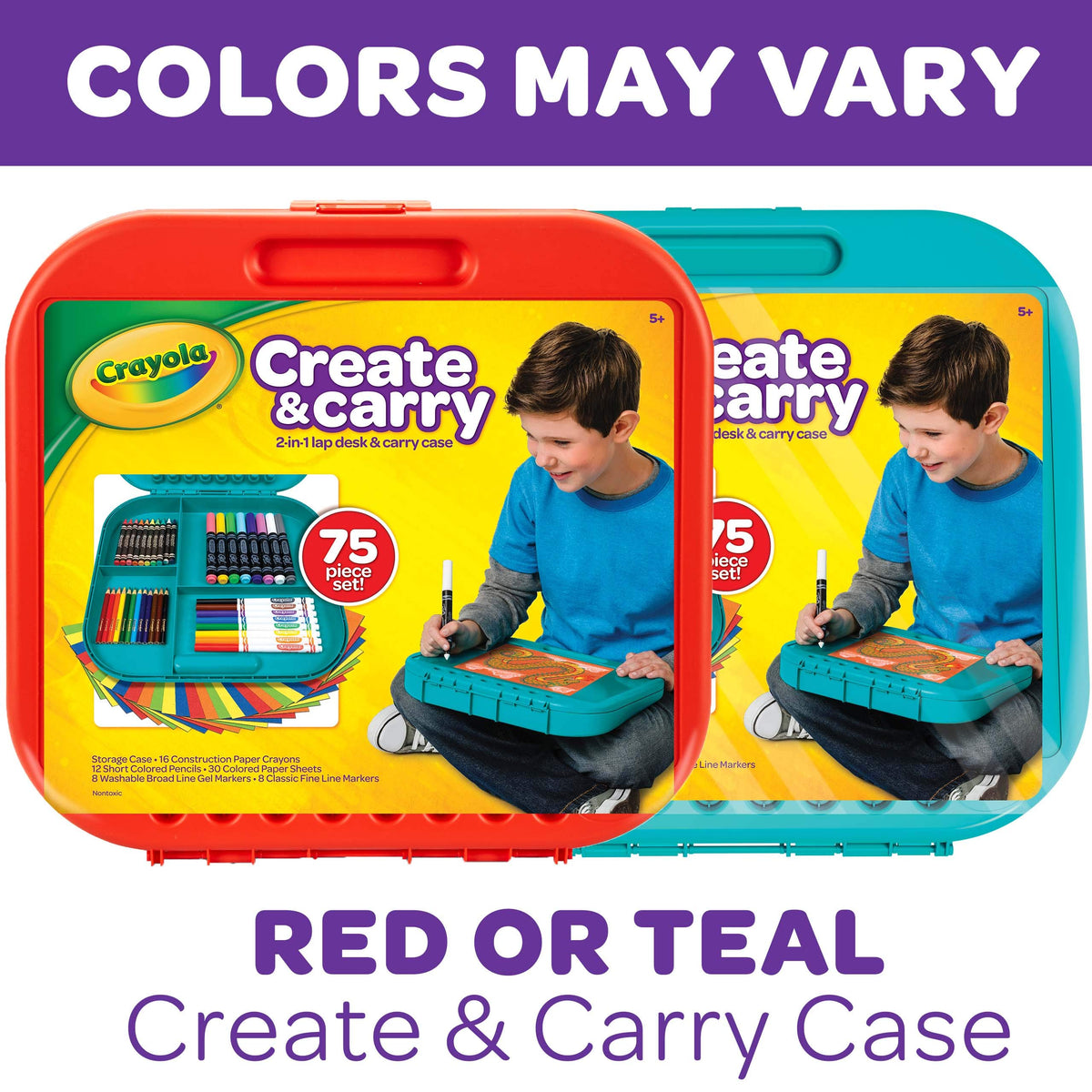Crayola Create 'N Carry Travel Art Set for Kids (75pcs), 2-in-1 Lap Desk & Carrying Case, Essential Art Supplies Kit, Spring Crafting, Gift for Kids
