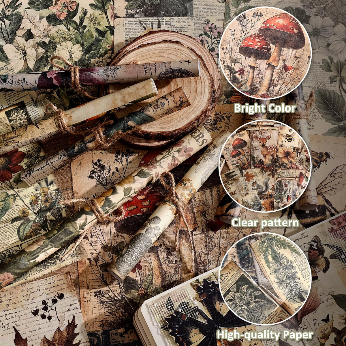 120 Sheets Vintage Botanical Scrapbook Paper Set, Journaling Scrapbooking Supplies Craft Decoupage Papers Kit, 4 Themes x 30 Mushroom Floral Antique Letter Design for Junk Journals Collage Card Making