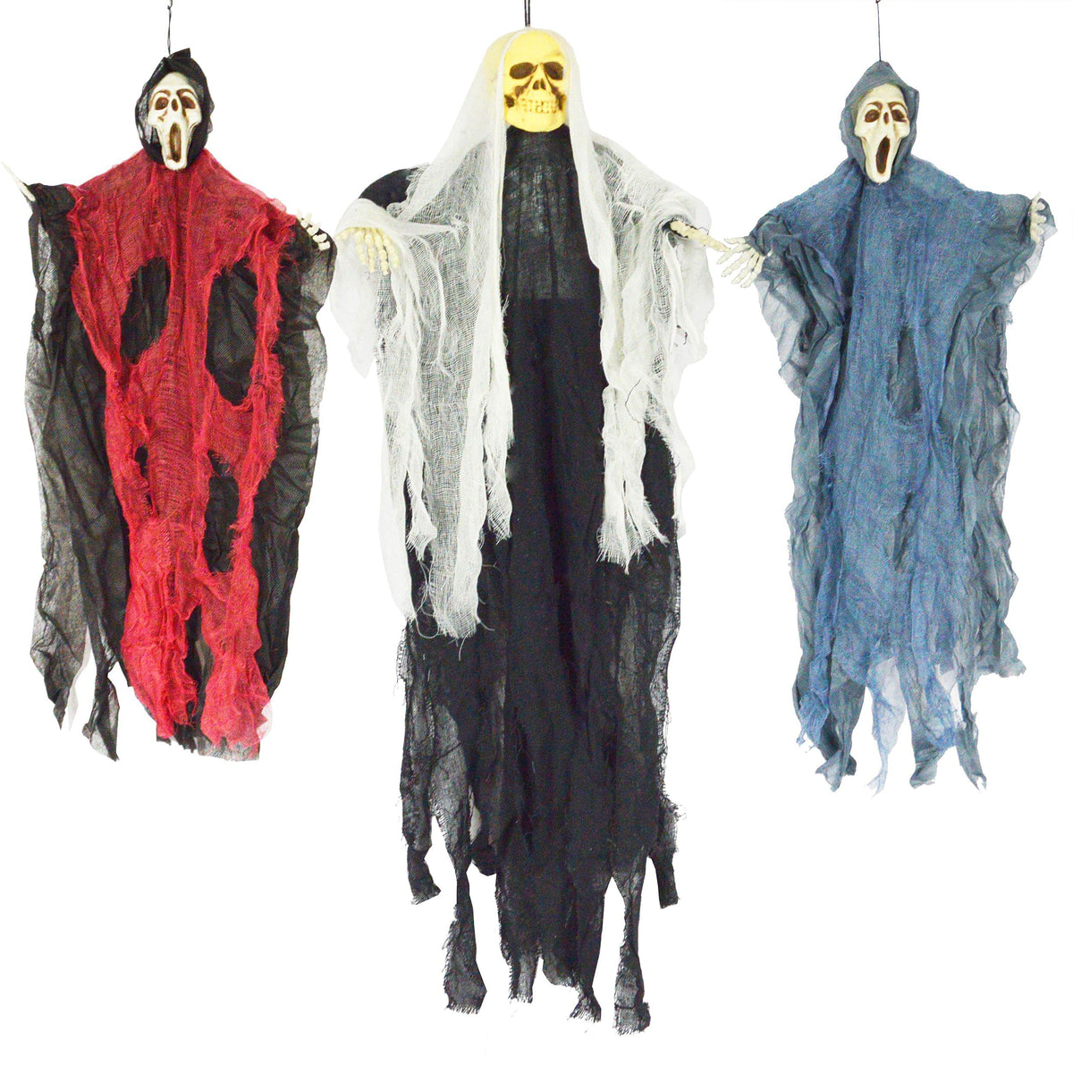 JOYIN 3 Pack Hanging Skeleton Ghost Halloween Decorations,Grim Reapers for Halloween Outdoor Decorations(One 35" Hanging Ghost Skeleton and Two 25" Hanging Reapers)