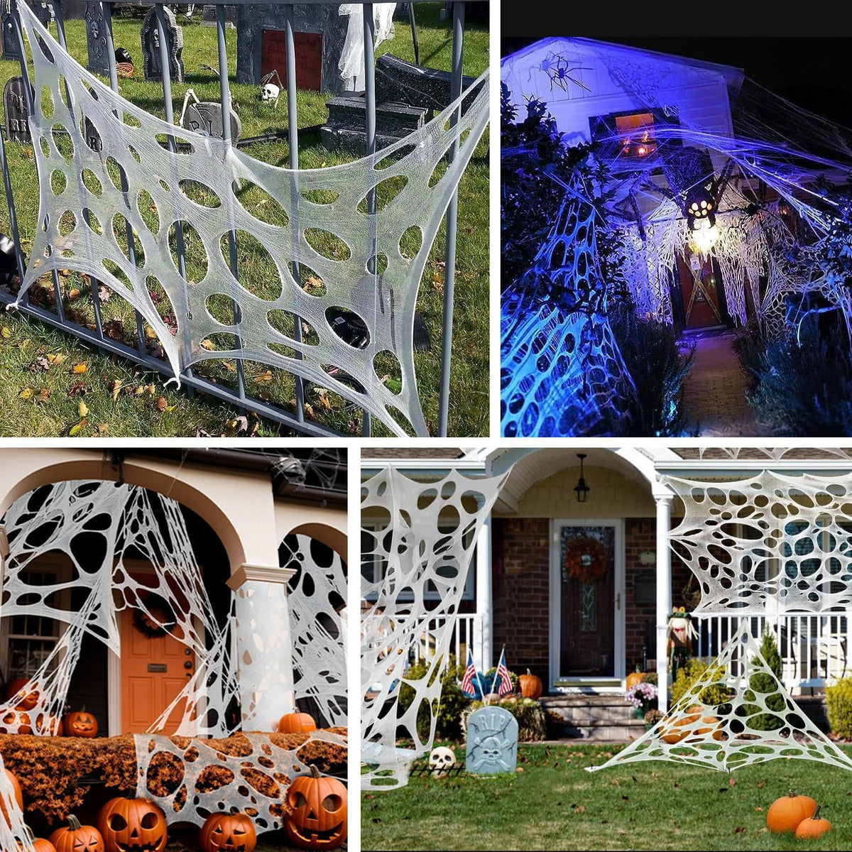 wymulot 1600 Sqft （After Streched with Holes） Uncut Giant Spider Web Halloween Decorations Outdoor with 10 Ground Nails Stretchy Beef Cloth Netting Cut-Your-Own Flexible Elastic for Yard Party Decor