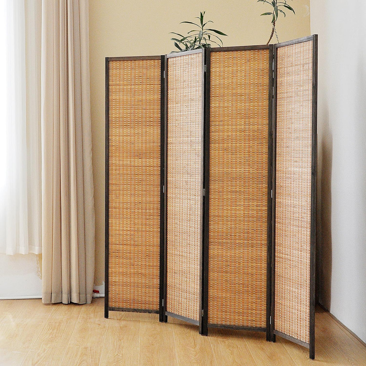 Pawlabay 4 Panel Bamboo Room Divider Screen,5.6 FT Tall Bamboo Divider Folding Panel Screen,Freestanding Panel Divider for Room Seperation,Brown