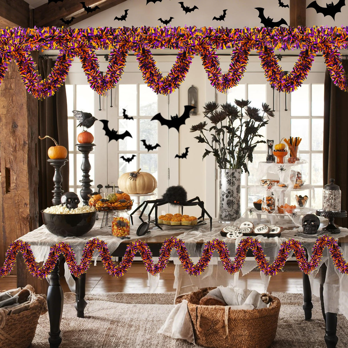 Lairyan 50FT Halloween Tinsel Garland Decorations, Shiny Orange Black Purple Metallic Twist Hanging Garland for Home Tree Stairs Indoor Outdoor Halloween Party Decorations