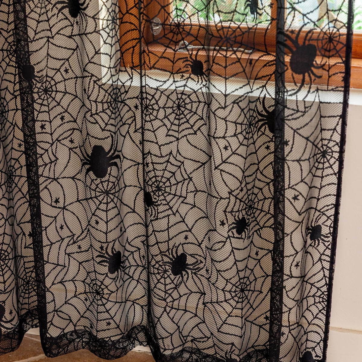 YJ YANJUN Black Lace Curtains 63 inches Length 2 Panels Halloween Goth Curtains for Bedroom Kitchen Spider Webs Halloween Decoration Coffin/Witchy/Gothic Haunted House Decor 55Wx63L Inch