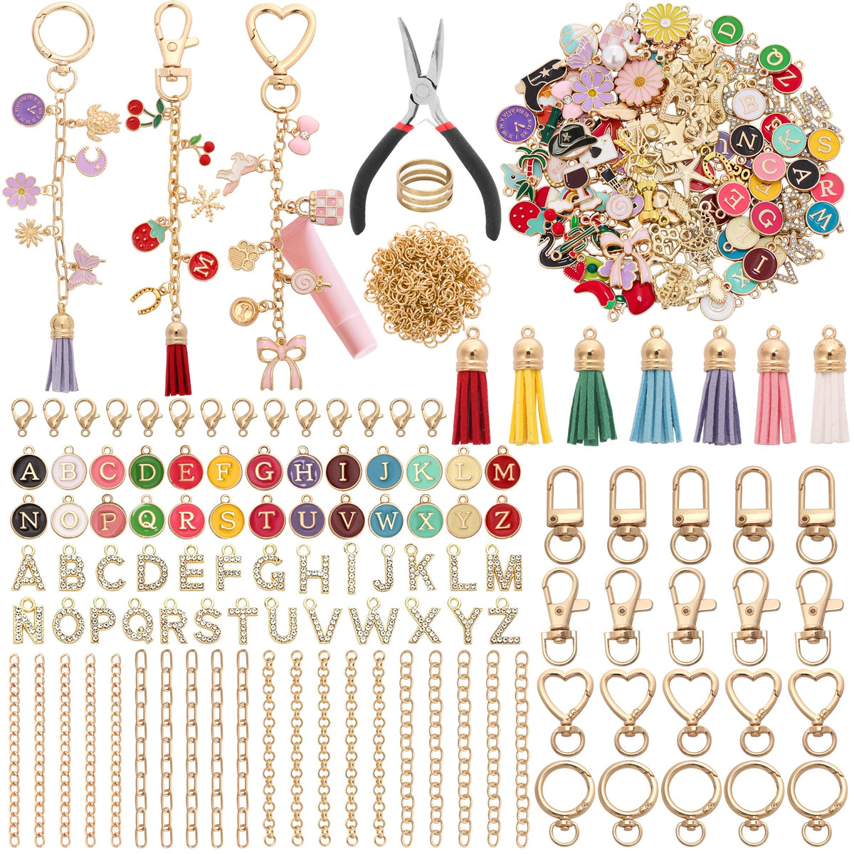 Koruhi 418pcs Charms Lip Gloss Keychain Making Kit,Cute Gold DIY Keychain Supplies Including Organizer Box,Pliers, Tassels, Enamel Letter Charms,Complete Key Chain Kits for DIY Craft Gifts(418, Gold)