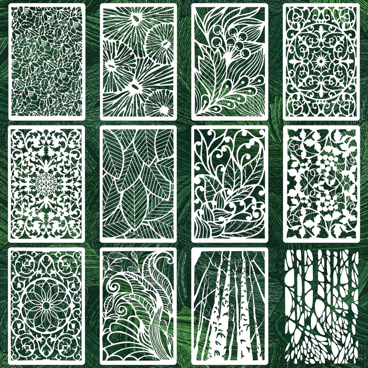 Texture Stencils for Crafts Reusable DIY Furniture Decor Art Painting Stencil 12Pcs Kit for Wood Embroidery Wall Silk Screen Journaling(11.8X7.8 Inch)