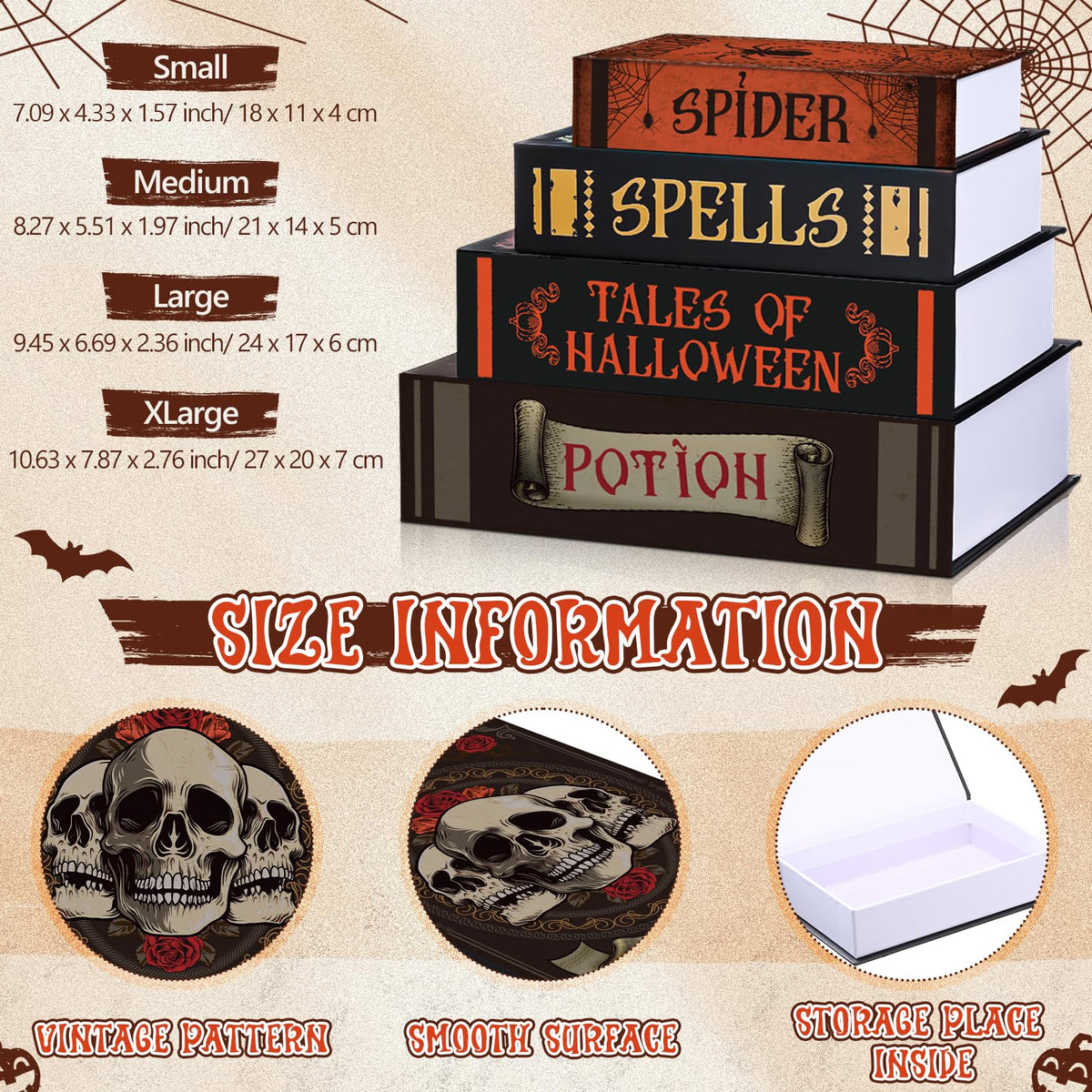 Sabary Set of 4 Decorative Books Boxes Faux Books Stacked for Coffee Tables Modern Home Bookshelves DIY Crafts Decor (Skull Style)