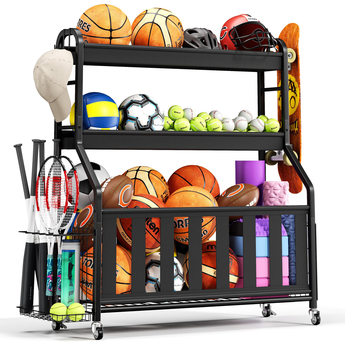Keepmisc Sports Equipment Organizer, Rolling Ball Storage Cart with Locking Wheels, Hooks & Bat Rack