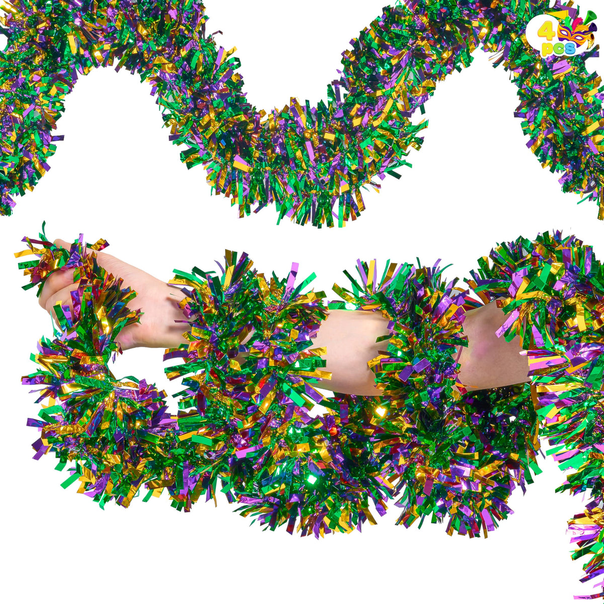 JOYIN 4 Pcs Mardi Gras Tinsel Garland, 66 Ft Gold Green Purple Metallic Streamers for Sparkling Glittering Hanging Decorations, Indoor Outdoor Mardi Gras Party Decorations Carnival Accessories